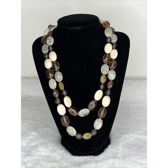 Vintage Fashion Jewelry Necklace Beaded Layered Brown White - Picture 2 of 13